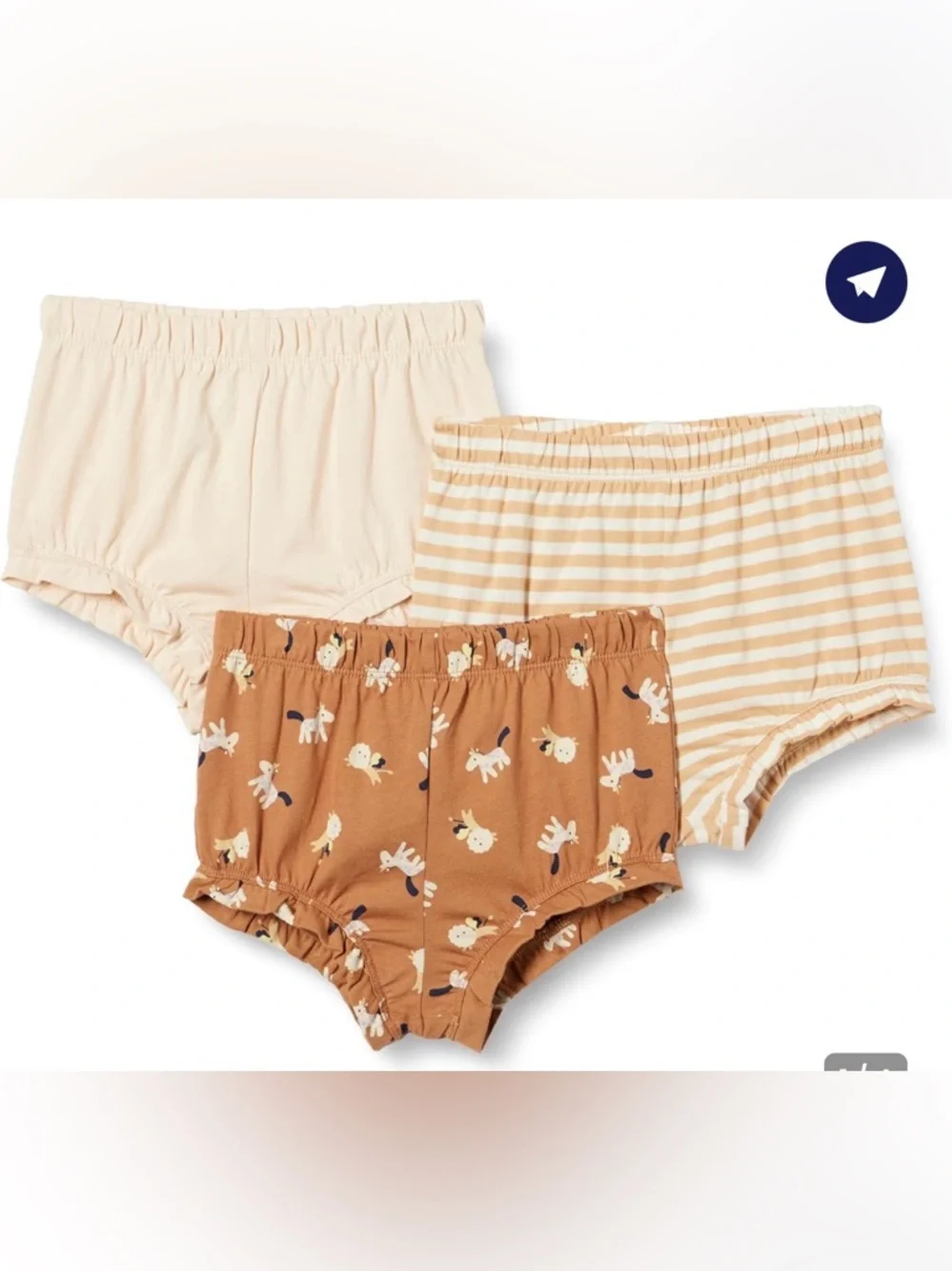 Amazon Essentials 3-Pack Baby Bloomers in Cream, Tan Stripe & Brown Lamb Print